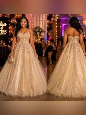 JS Collections Women’s Size 10 Champagne Strapless Lace Ball Gown Prom Formal Dr